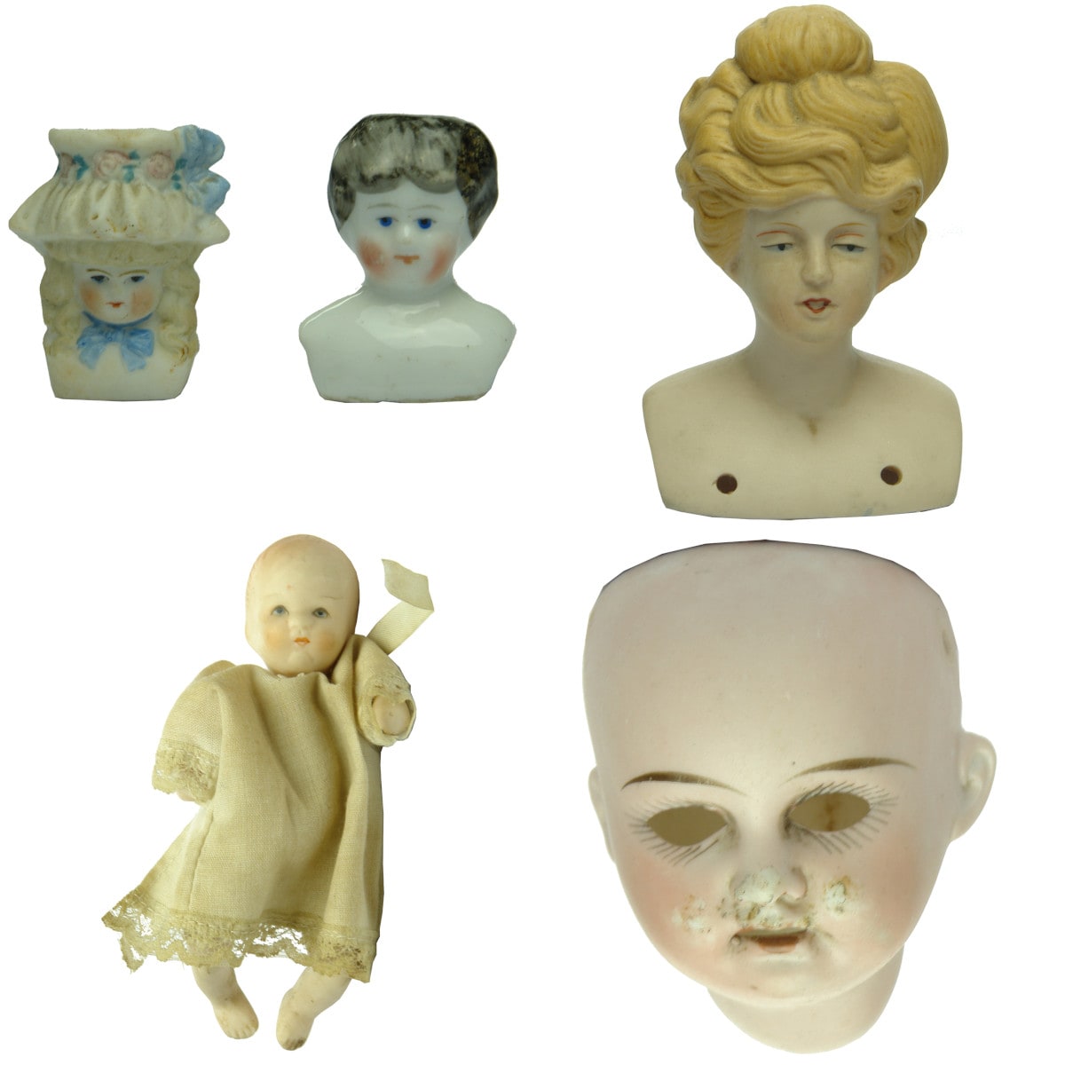 Five Dolls / Dolls Heads: Bonnet, Black Haired; Shouldered Dolls Head; Full Baby Doll; Bisque German Dolls Head.