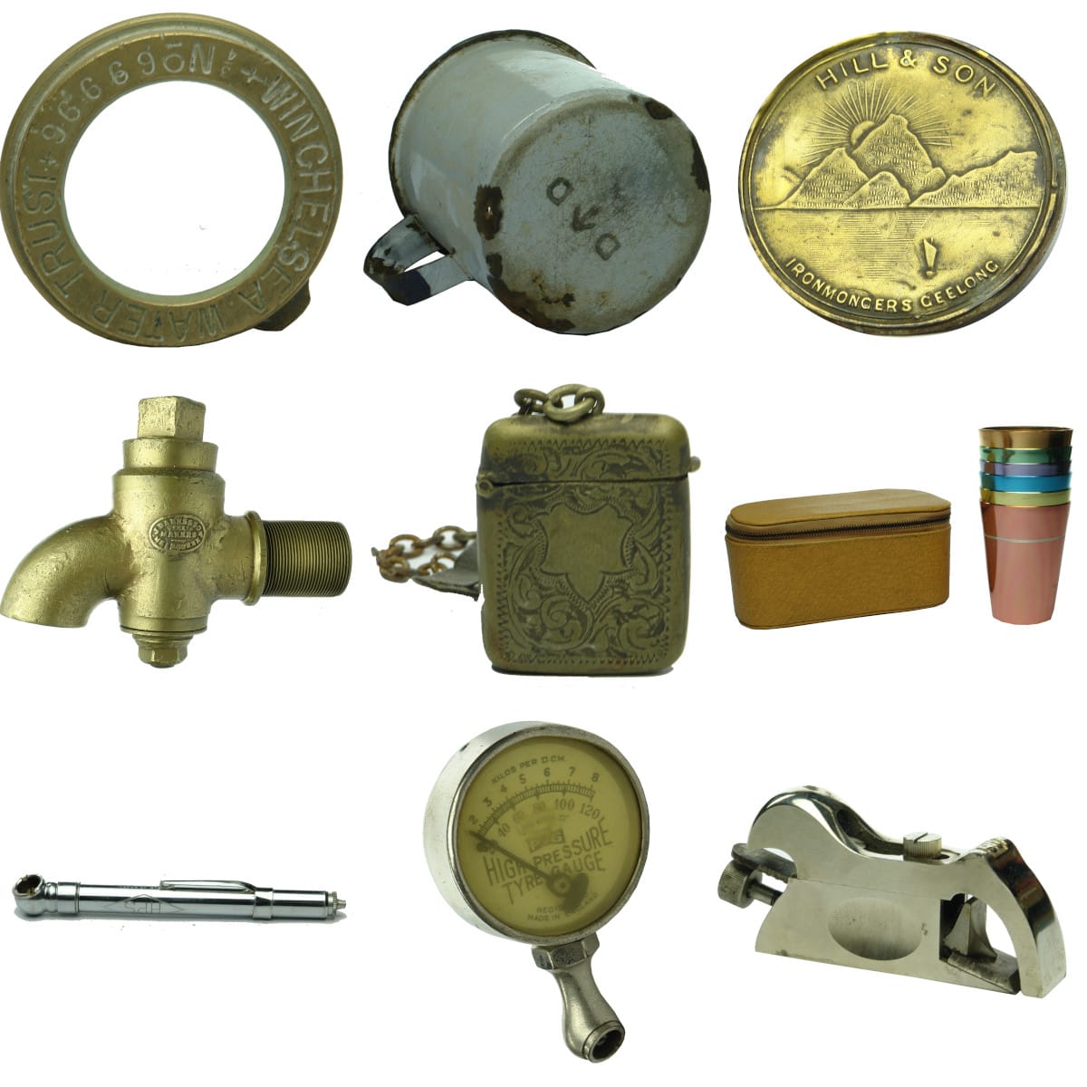 Group of metalware, nameplates, tools, anodised cups set. Good group of Miscellaneous items.