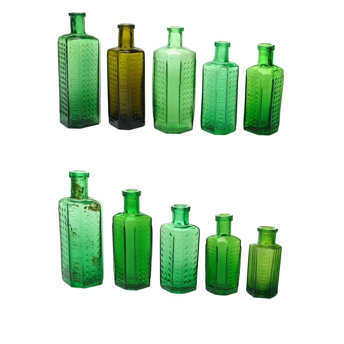 10 Green Poisons. Not to be taken and plain panelled types. One unusual olive green 3 oz.