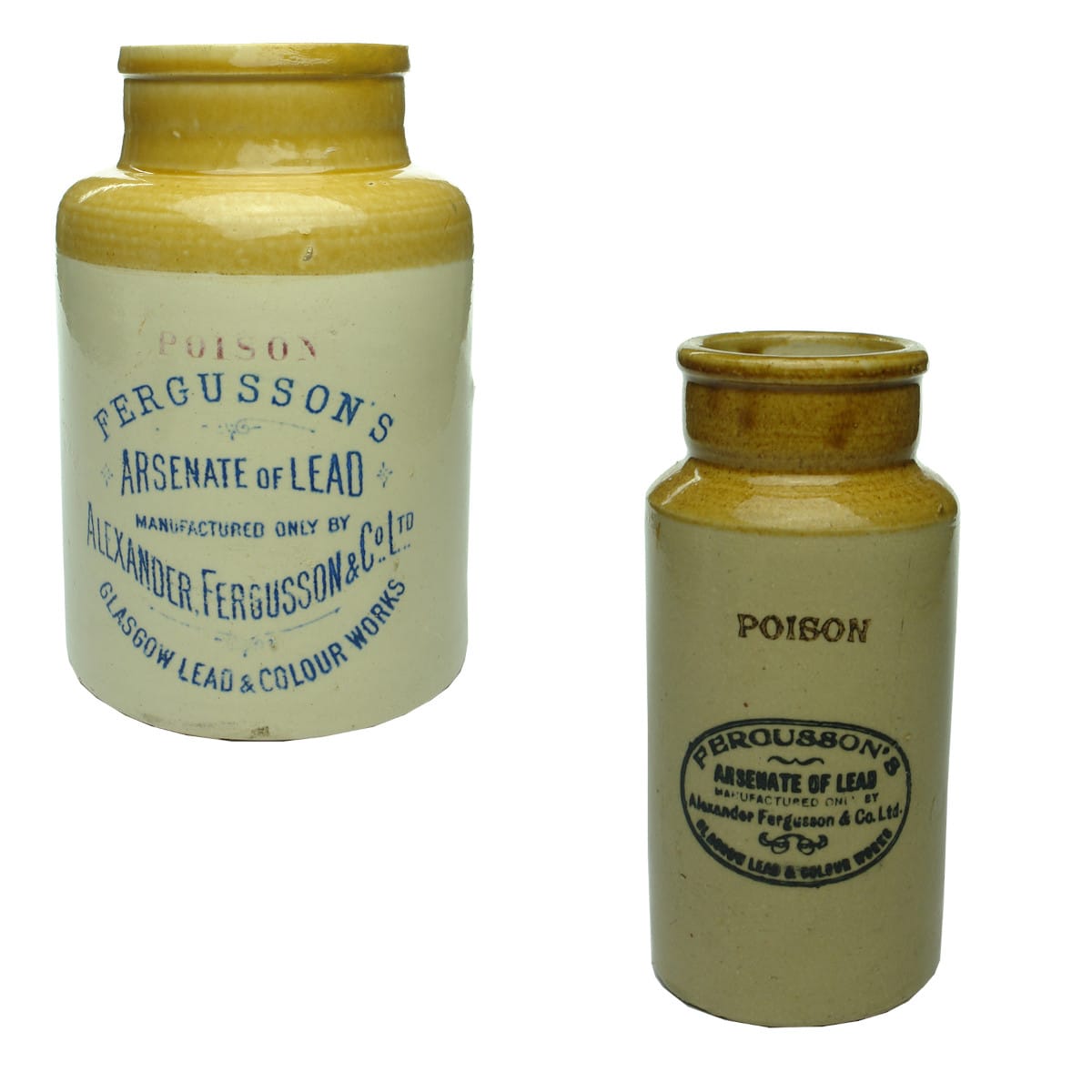 Pair of Stoneware Poison Jars. Fergusson's Arsenate of Lead. Glasgow.