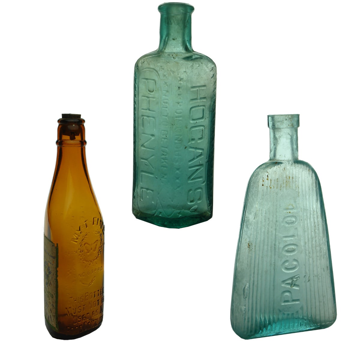 Three Poison type bottles: My-T-Fine Lucknow; Hogan's Phenyle; Pacolol.