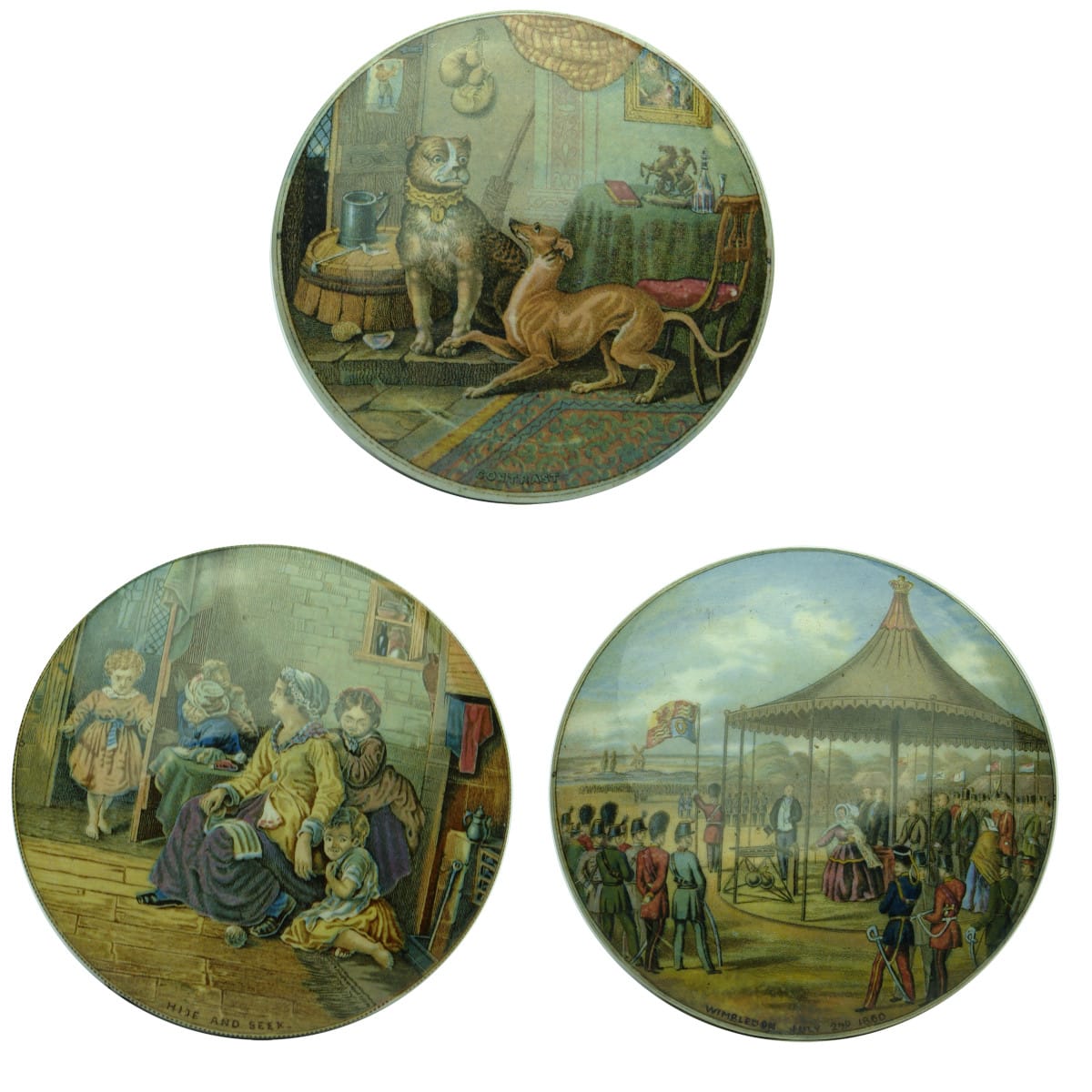 Three Prattware Lids: Contrast; Hide and Seek; Wimbledon July 2nd 1860.