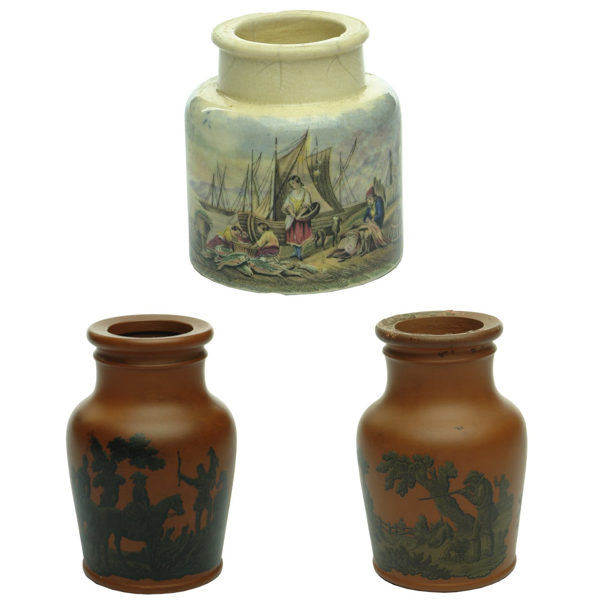 Three Pratt type Jars: Mending the Nets; The Fox Hunt and The Rabbit Hunt.