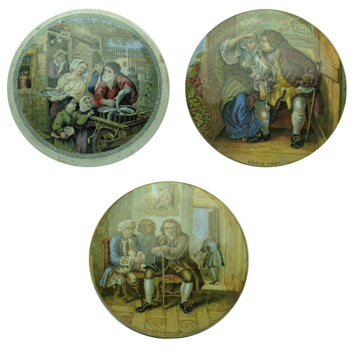 Three Prattware Lids. The Fishbarrow; Uncle Toby; Dr. Johnson..