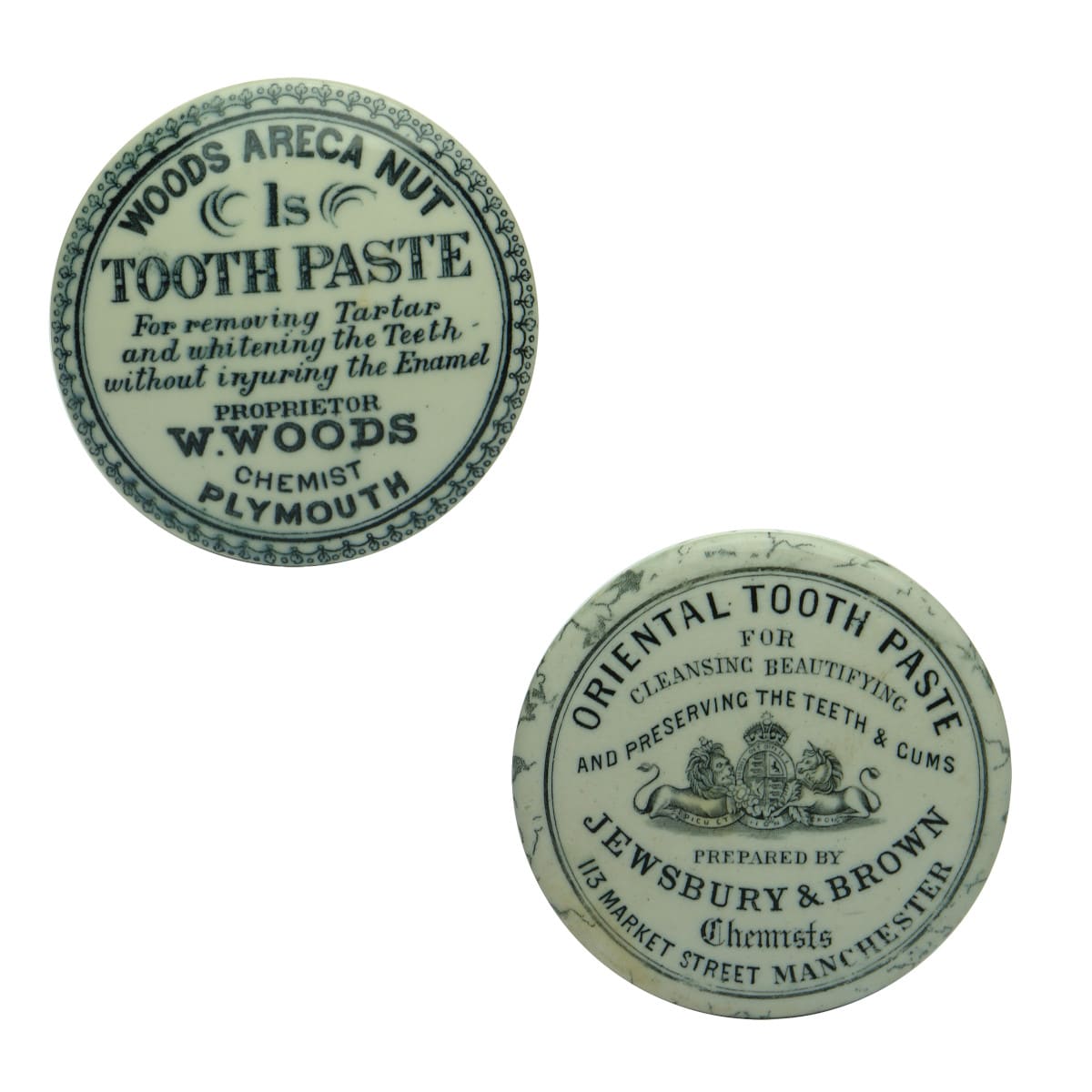 Two Pot Lids: Woods Areca Nut 1 Shilling; Jewsbury & Brown, Mancester. Tooth Paste Lids.