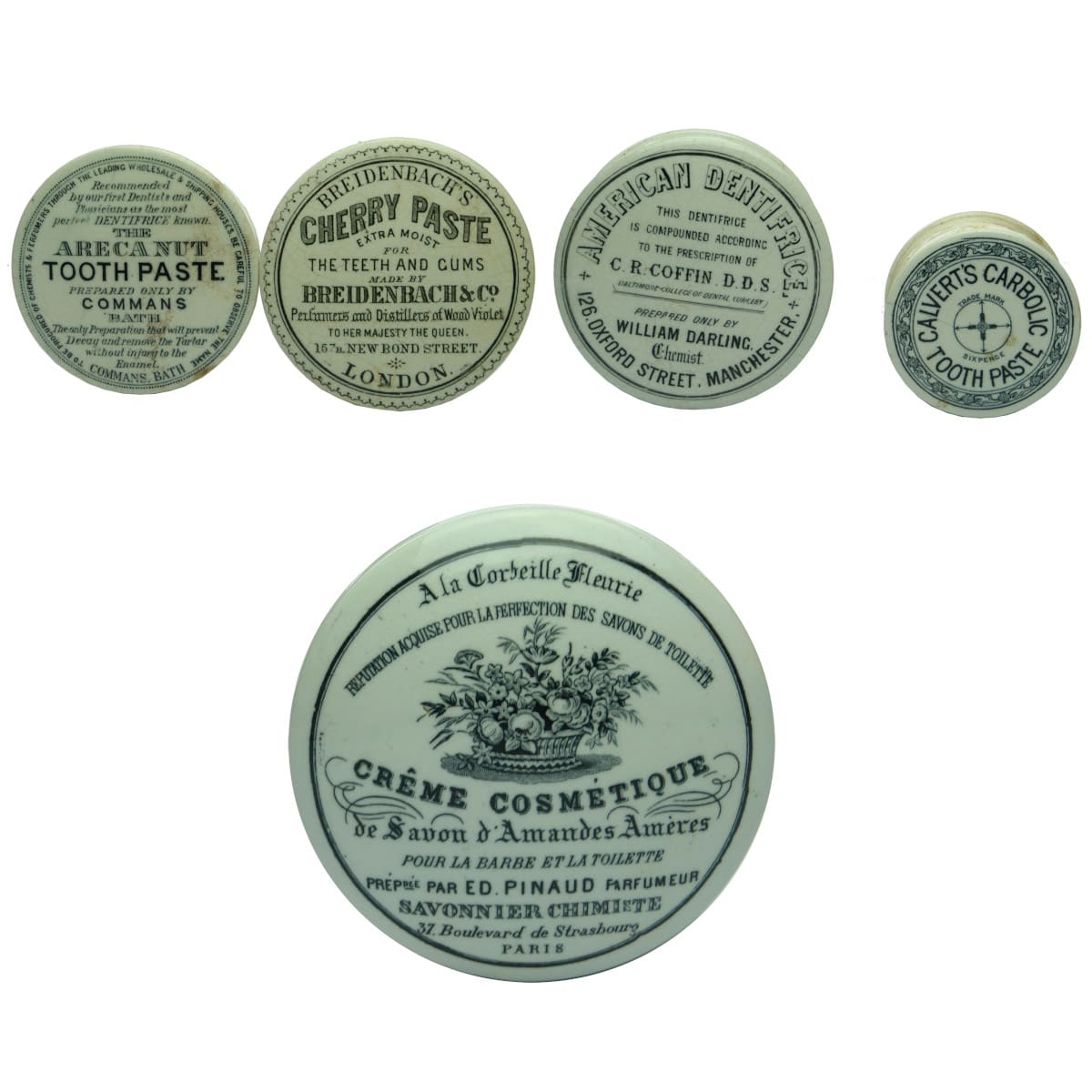 Five Pot Lids: Commans Bath; Breidenbach's; American Dentifrice; Calvert's Carbolic; Ed Pinaud Creme Cosmetique.