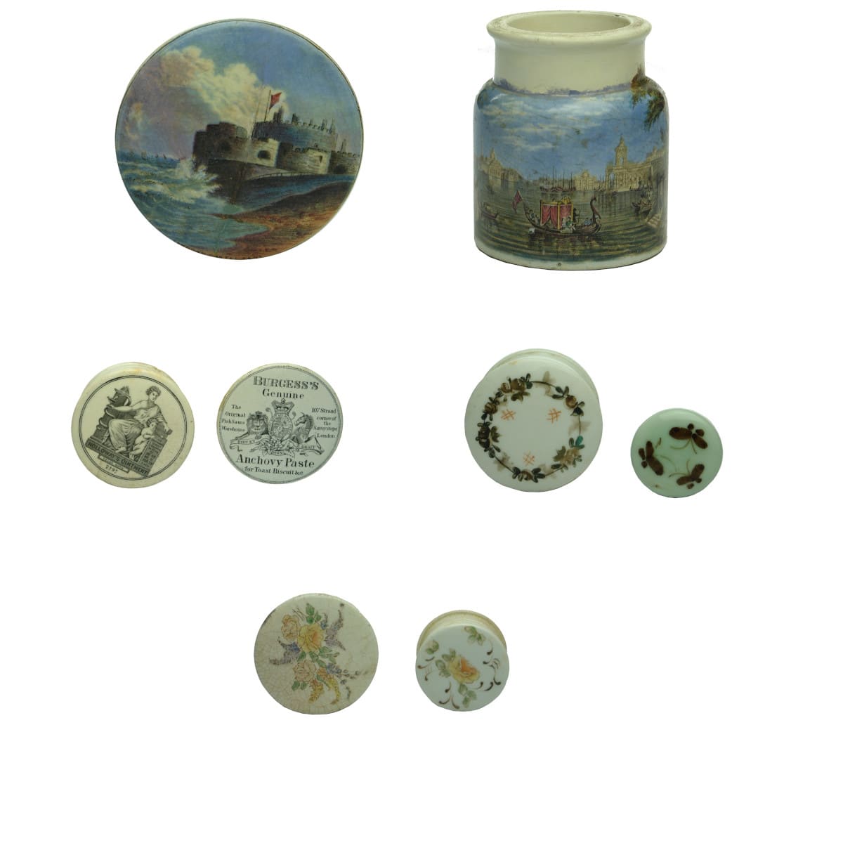 Eight Pot Lids: 2 x Prattware, Sandown Castle and Venice; Burgesses & Holloways; 4 with Floral Patterns.