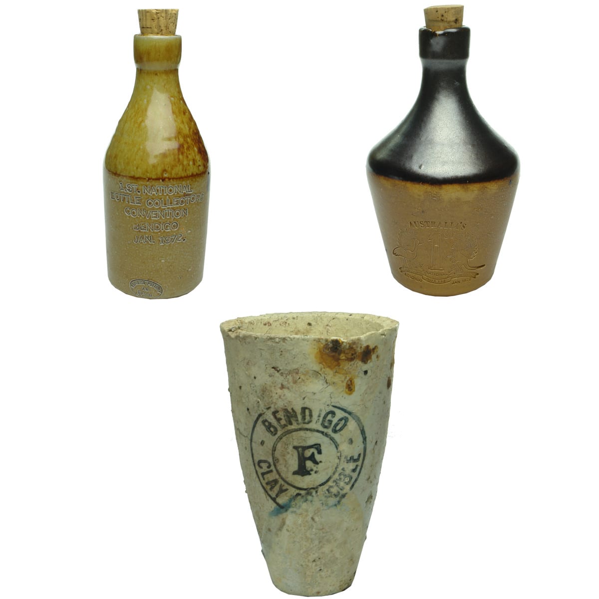 Three Items: Two Bottle Show Trophies from 1972. Bendigo 1st National Bottle Collectors Convention and a Bendigo Pottery Crucible.