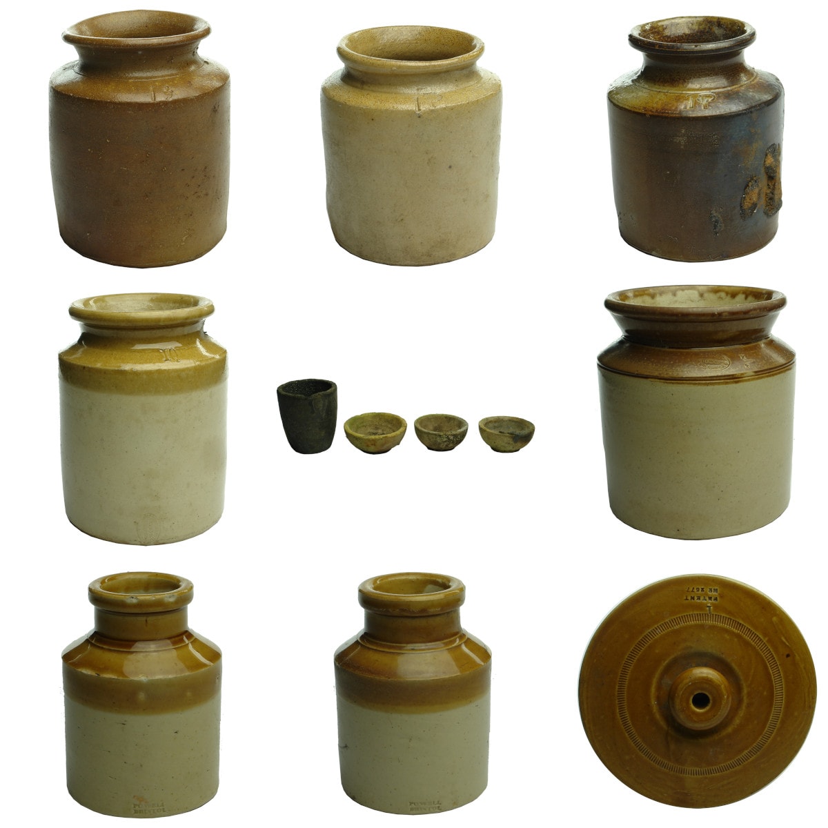 12 Pottery Items: Various bung jars; 4 Crucibles; Chesse Jars.