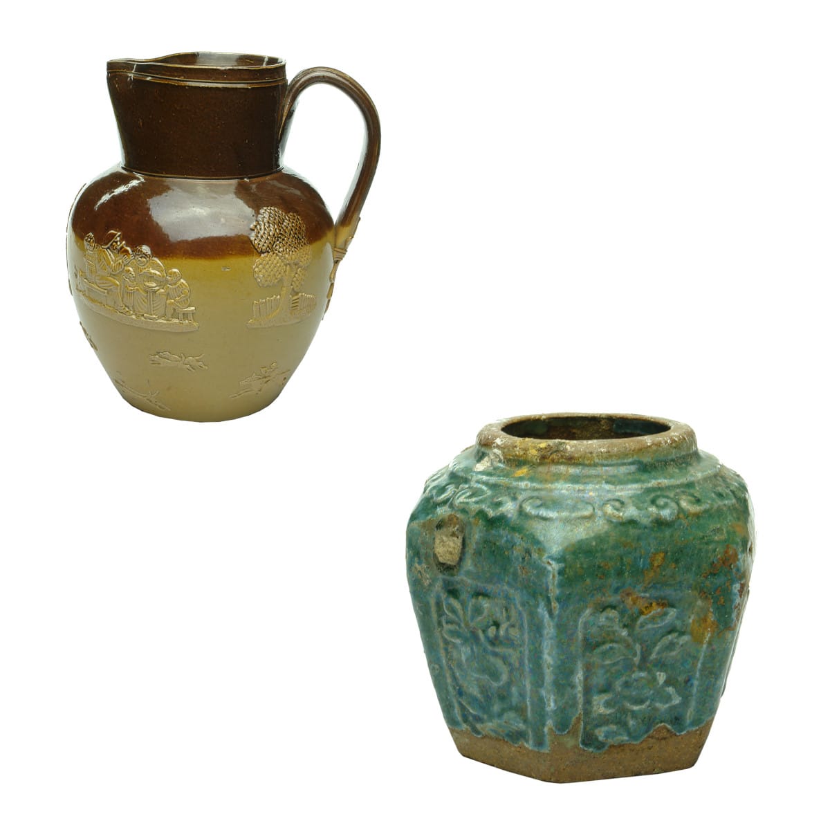 Two Pottery Pieces: Stoneware Jug. Doulton Lambeth. Harvestware. and Chinese Ginger Jar. Hexagonal. Green Glaze.