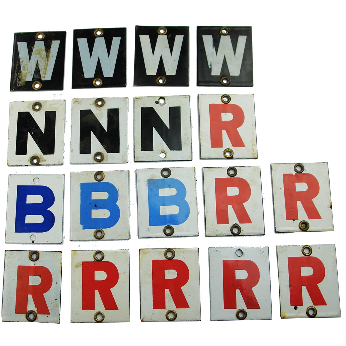 18 small enamel letters: 8 x R; 3 x B; 3 x N & 4 x W.