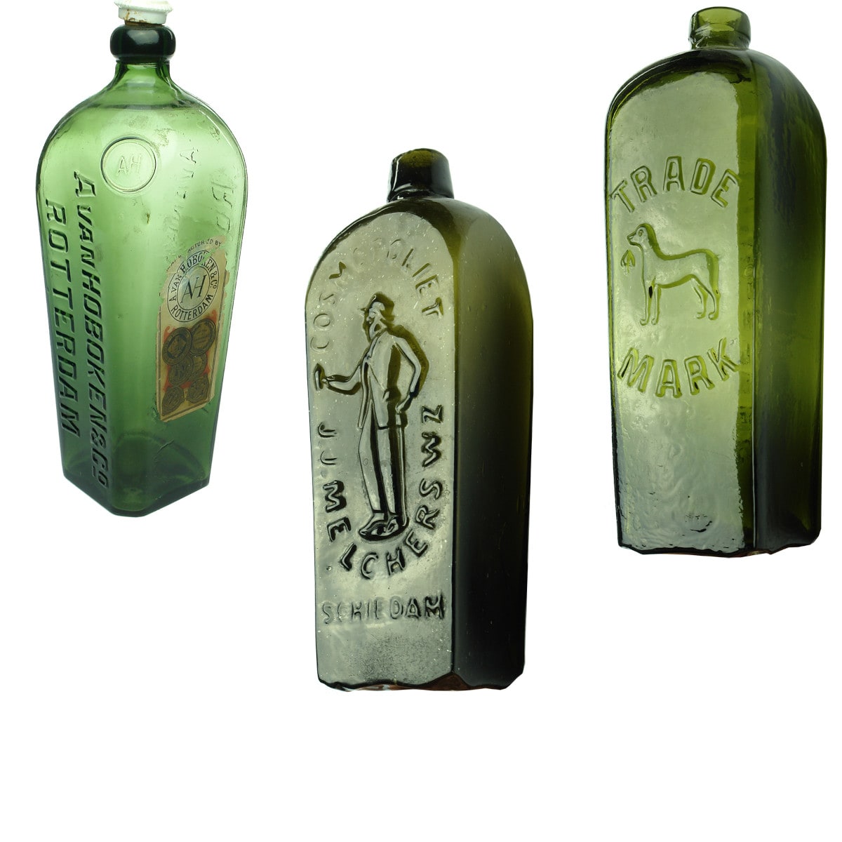 3 Gins. Avan Hoboken, Rotterdam. Original Label and Stopper; J. J. W. Peters; Cosmopoliet, Melchers.