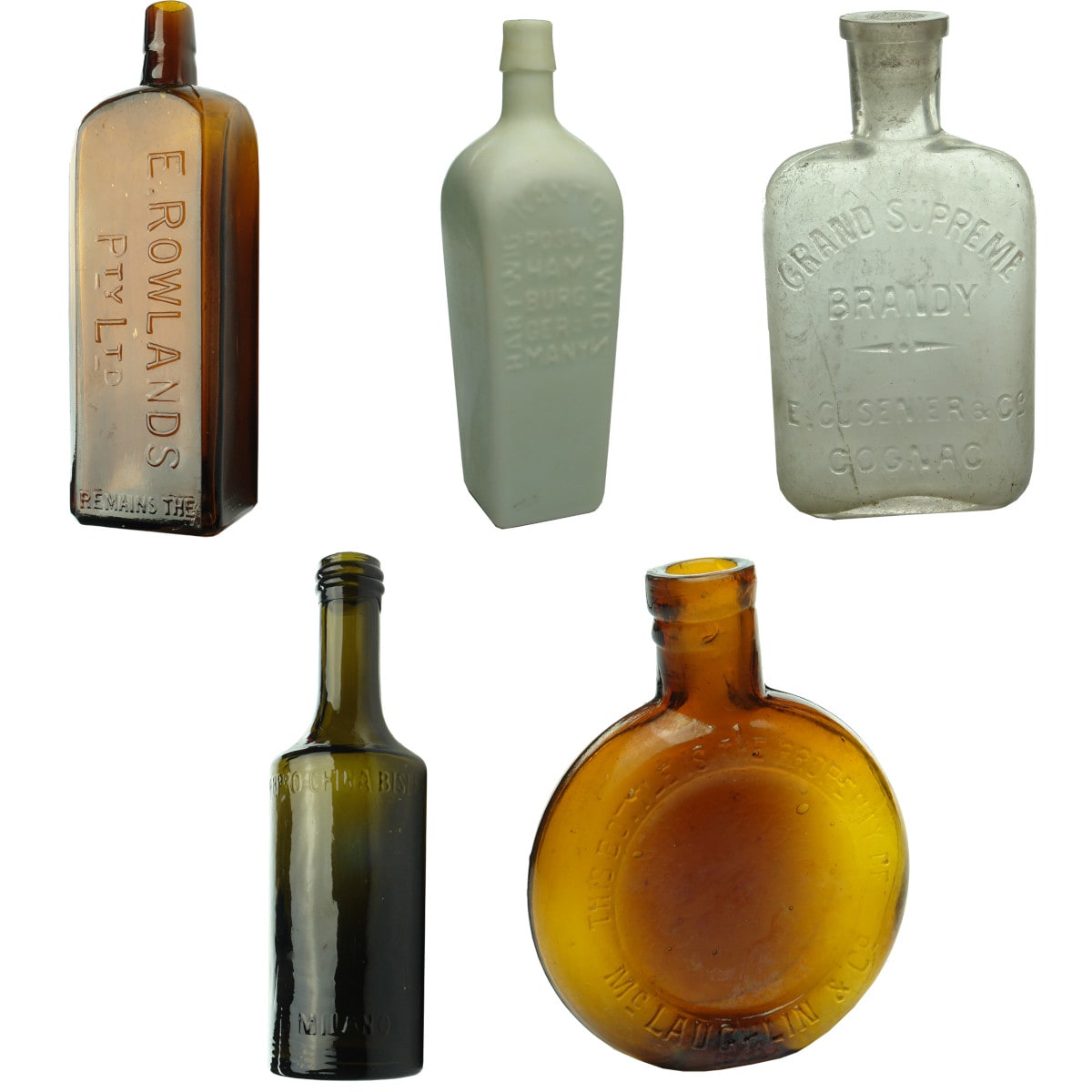 Five Spirits/Liqueur Bottles: Rowlands Sarsaparilla; Hartwig Bitters; Cusenier; Bisleri; McLaughlin.