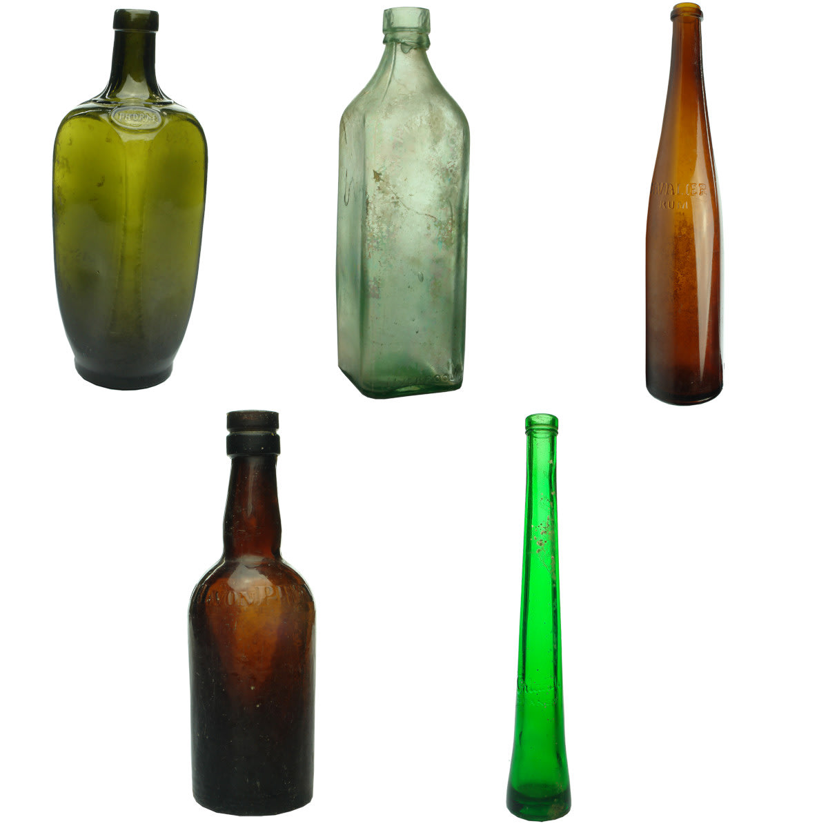 Five Spirits Bottles: Thorne; Preston, Liverpool; Cavalier Rum; Ioh von Pein; Orlando Brandy.