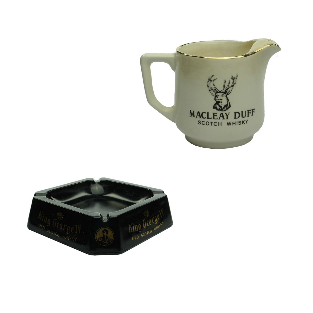 Two Whisky Items: Macleay Duff Water Jug and a King George IV Ash Tray.