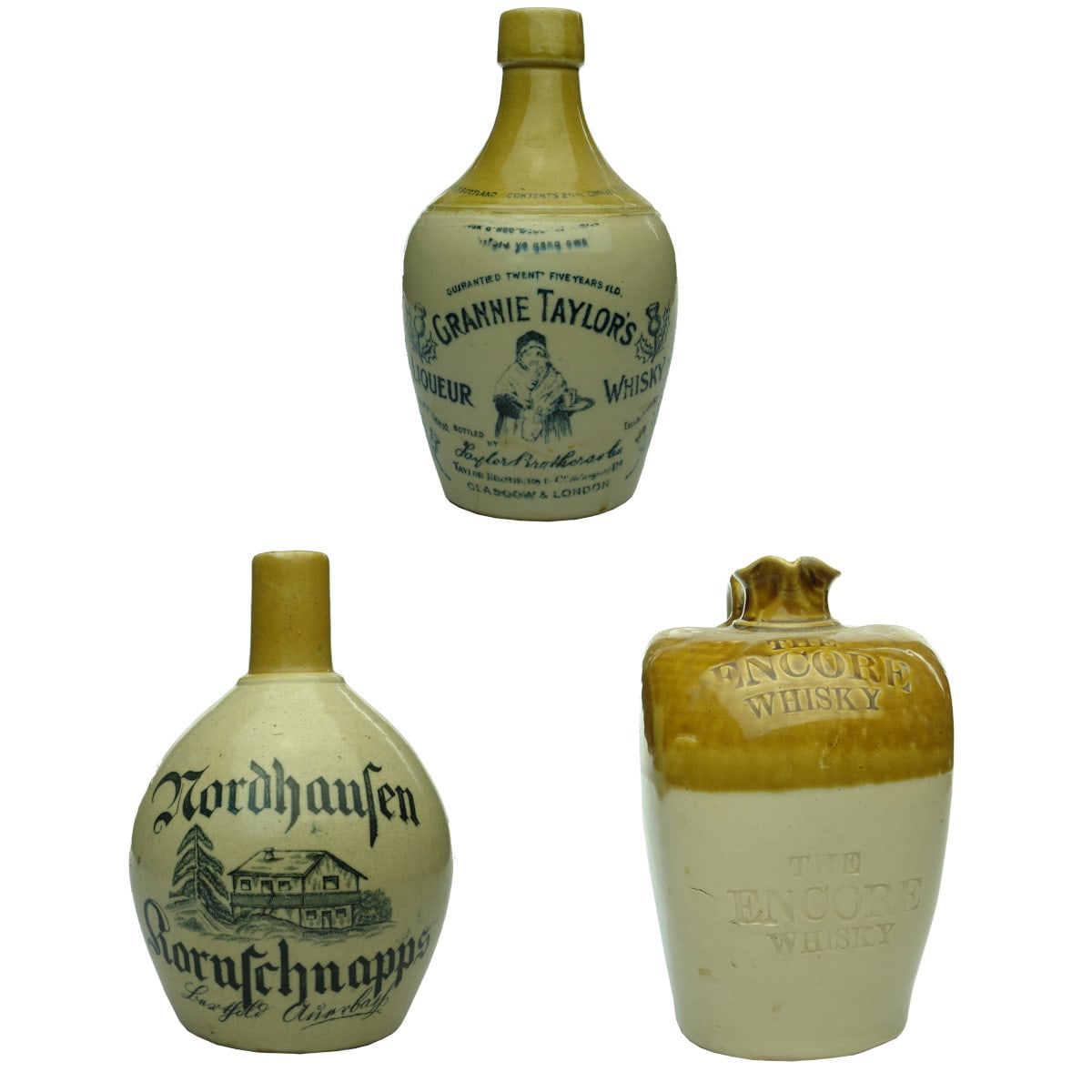 3 Whisky Jugs. Grannie Taylor's Liqueur Whisky, Glasgow & London; Nordhausen Kornschnapps; The Encore Whisky.