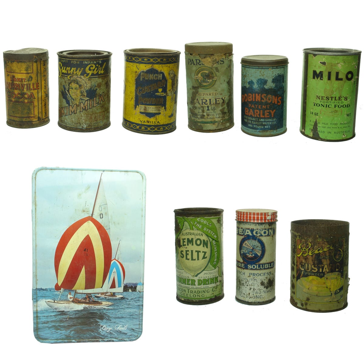 10 Foodstuffs tins: 3 x Beacon Brand; Allen's; Milo; Robinsons's; Levins Sunny Girl; etc.