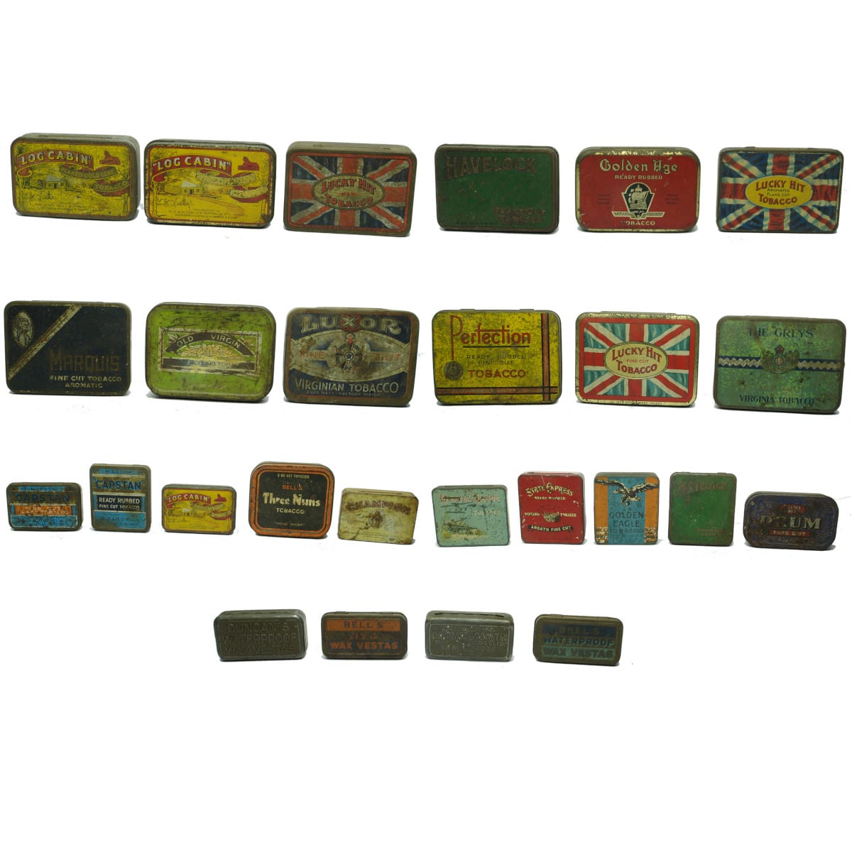 26 Tins Tobacco & Vestas: Golden Age; 2 x Log Cabin; 2 x Lucky Hit; Havelock; Luxor; Old Virgin; Marquis; Lucky Hit; Perfection; The Greys; Champion; Golden Eagle; Three Nuns; Log Cabin, State Express and more.