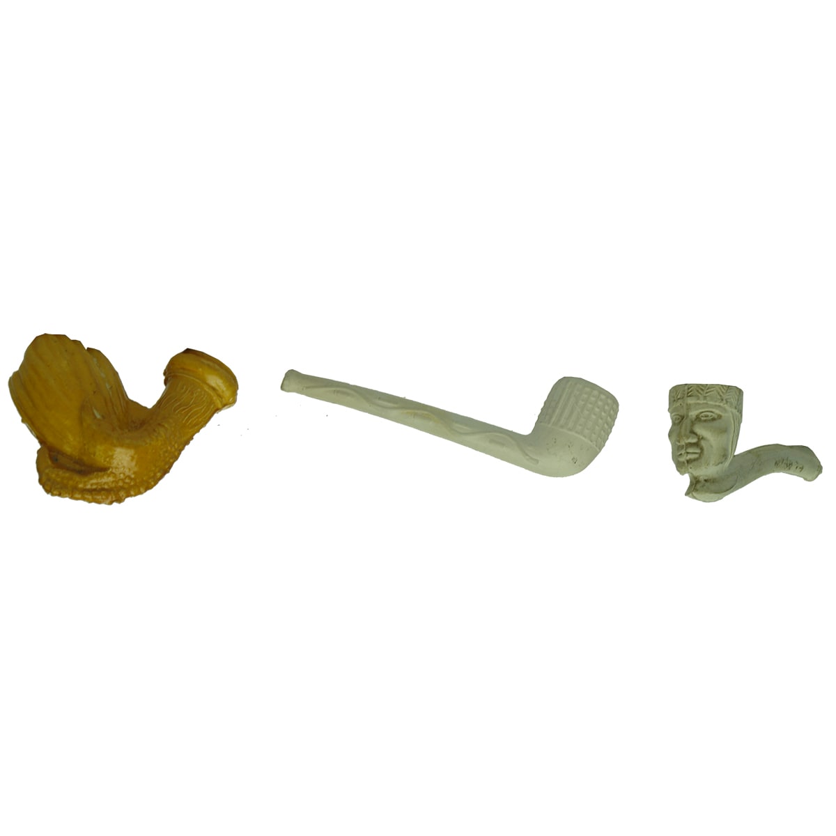 Three clay pipes. Two small figural King, Basket weave. Yelow Claw & Bowl.