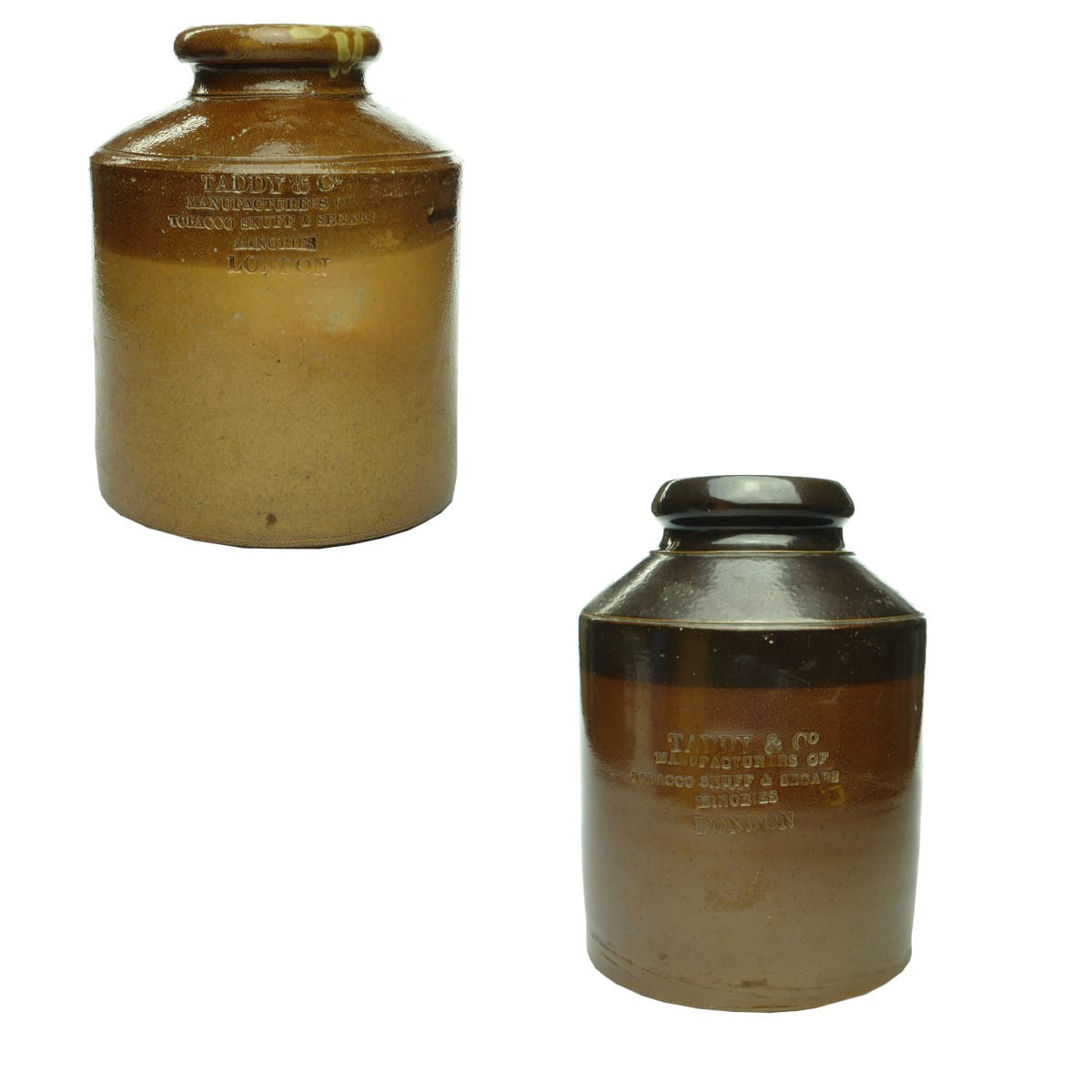 Pair of Taddy & Co London Jars. Tobacco Snuff & Segars.