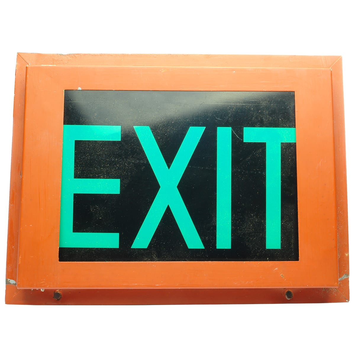 Exit sign. Metal light box. Green on black sign.