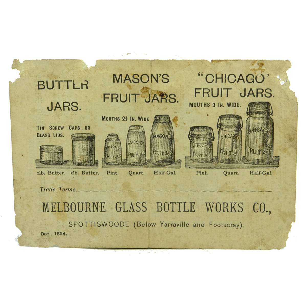 Promotional Card. Melbourne Glass Bottle Works Co., Spottiswoode. Dated October 1894. Butter Jars. Mason's Fruit Jars and Chicago Fruit Jars. (Spotswood, Victoria)