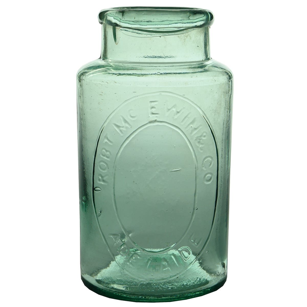 Jar. Robt McEwin & Co, Adelaide. Aqua. 2 pound. (South Australia)