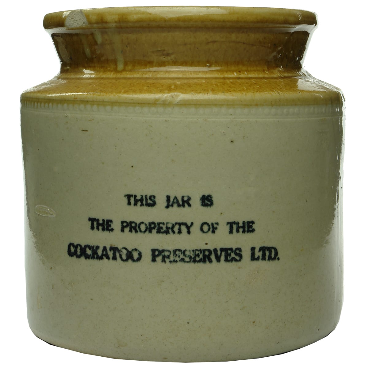 Stoneware Jar. Cockatoo Preserves Ltd. Tan Top. Large size. (Victoria)