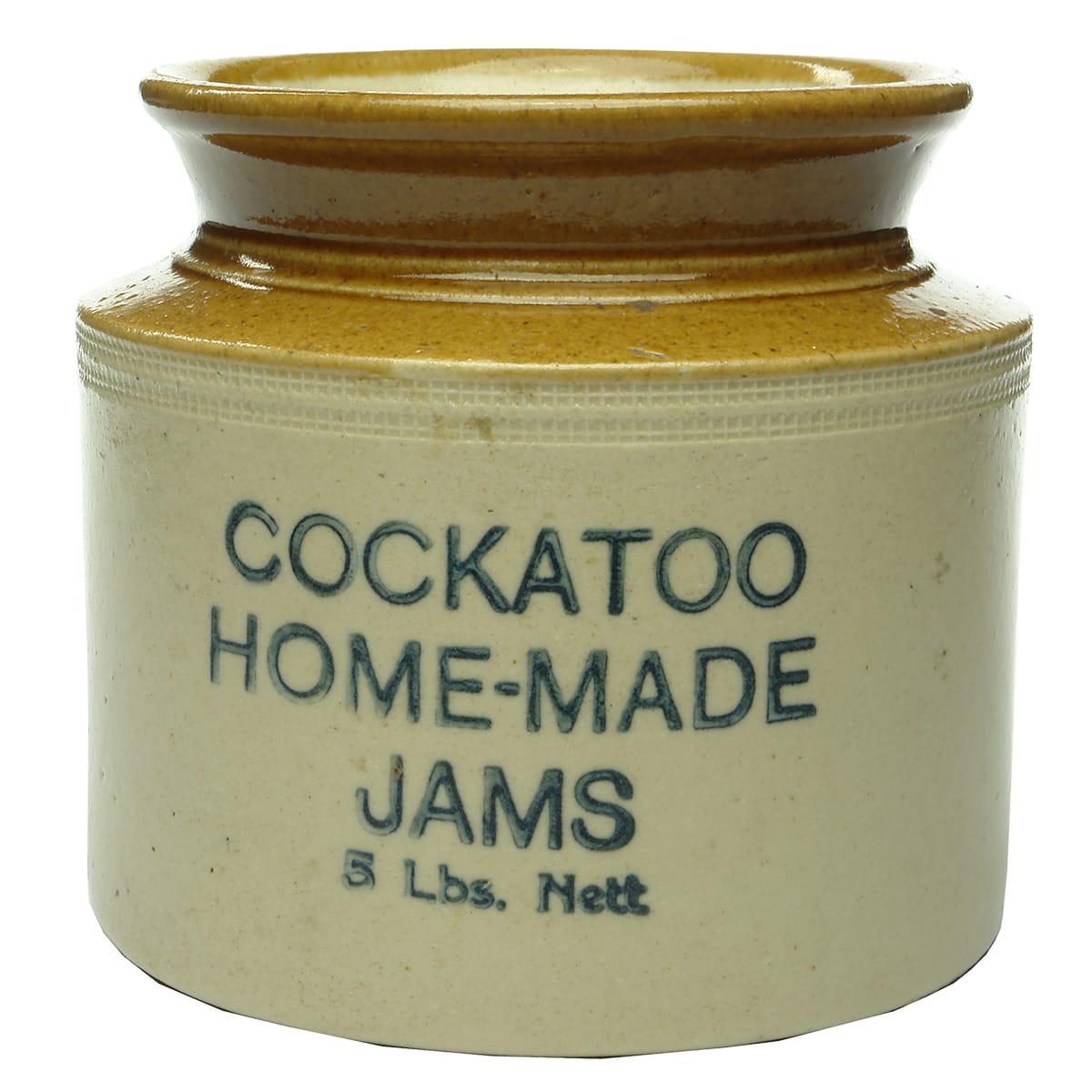 Stoneware Jar. Cockatoo Home Made Jams. 5 Lbs. (Victoria)