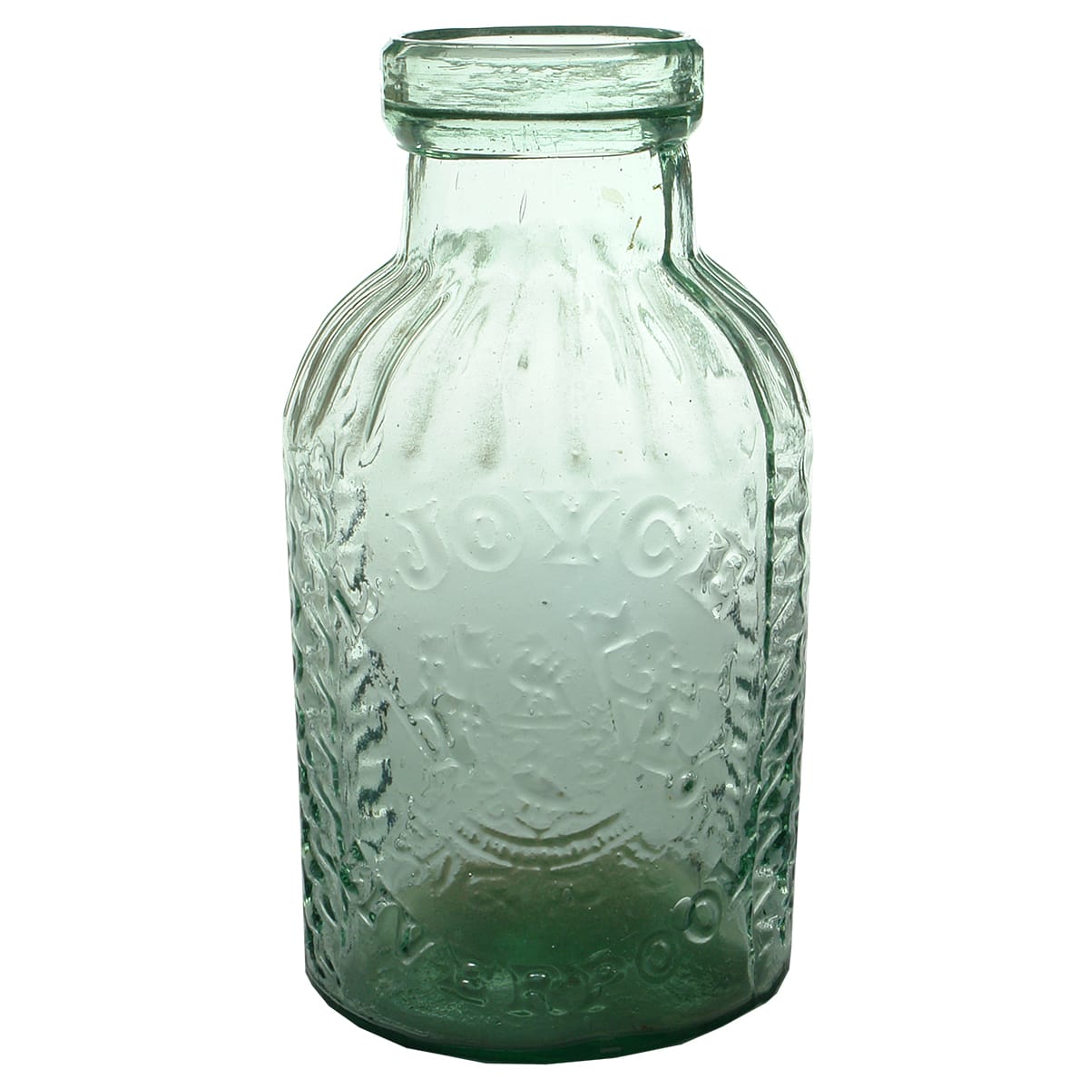 Salt Jar. L. Joyce, Liverpool, Coat of Arms. Aqua. 2 Pound. (United Kingdom)