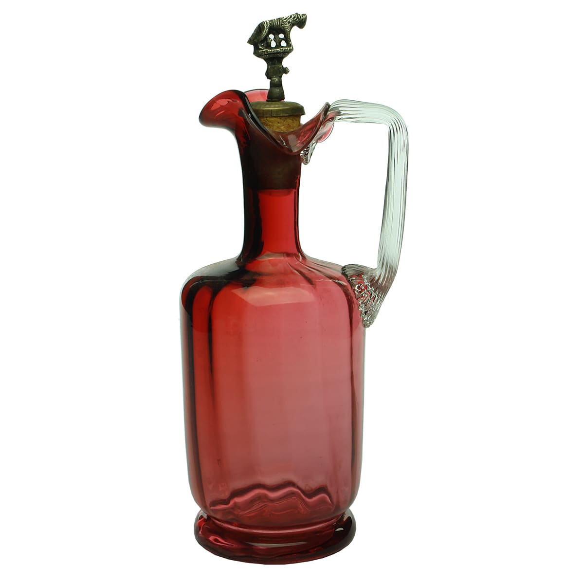 Early Glass. Ruby Georgian Handled Decanter with Clear Handle and pontil.