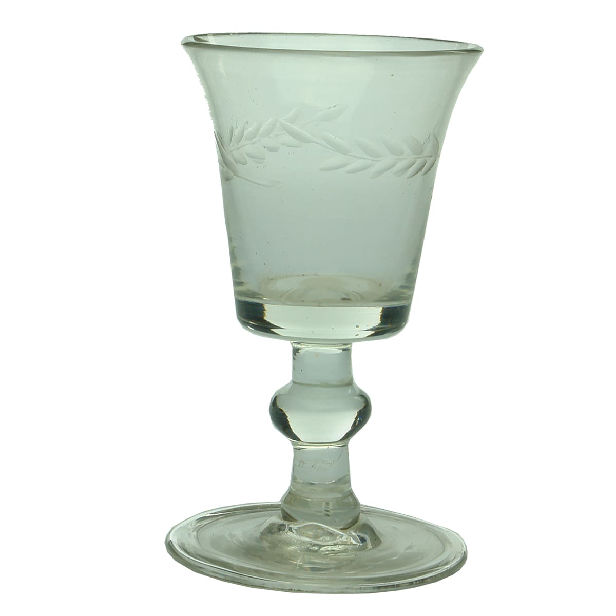 Early Glass. Georgian Etched Bucket Bowl Glass with knop, pontil and folded foot.