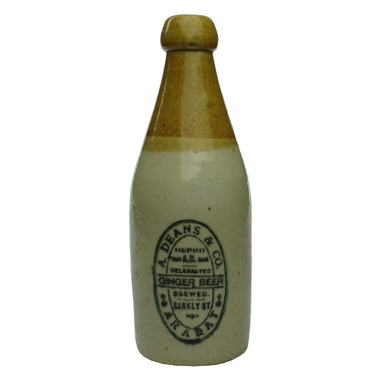 Ginger Beer. A. Deans & Co., Ararat. Champagne. Tan Top. Wavy Line. Blob Top. Bendigo Pottery. (Victoria)