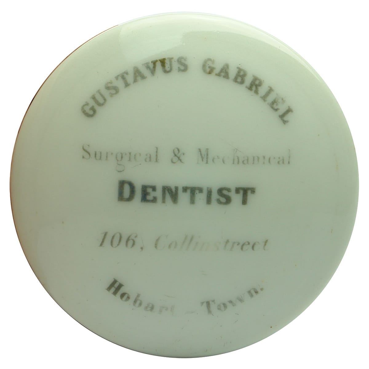 Pot Lid. Gustavus Gabriel, Hobart Town. Porcelain. (Tasmania)