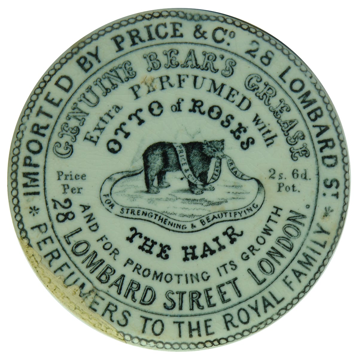 Pot Lid. Price & Co. 28 Lombard St. Genuine Bear's Grease. Perfumers to the Royal Family. (UK)