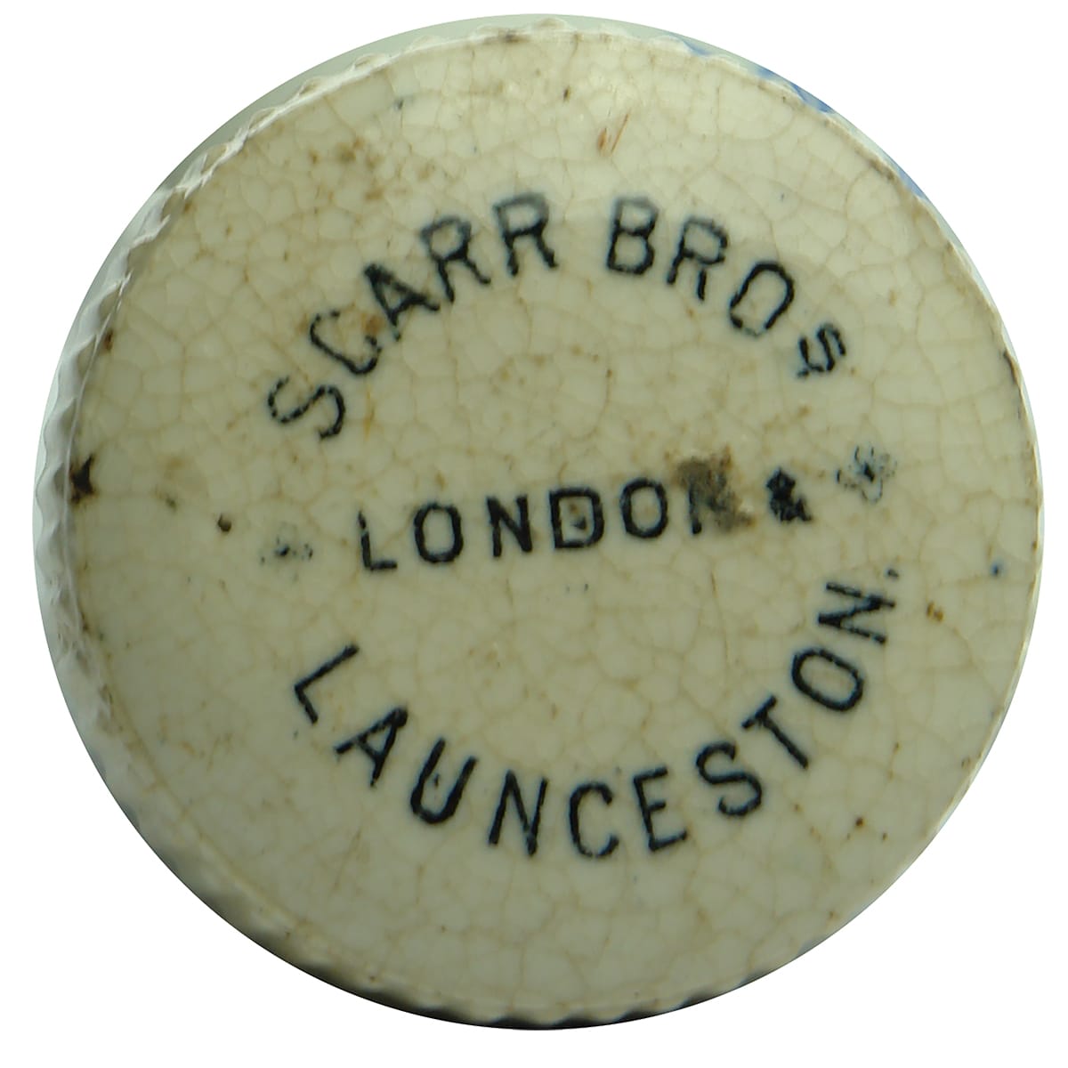 Pot Lid. Scarr Bros, London & Launceston. Pot Cap. (United Kingdom, Tasmania)