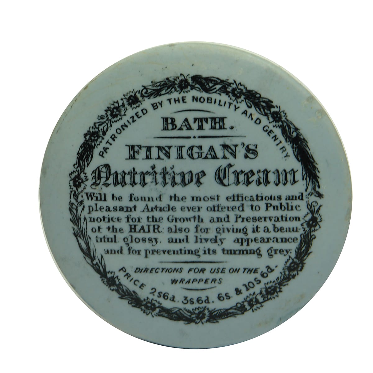 Pot Lid.  Finigan's Nutritive Cream, Bath.  Black print on blue lid. (United Kingdom)