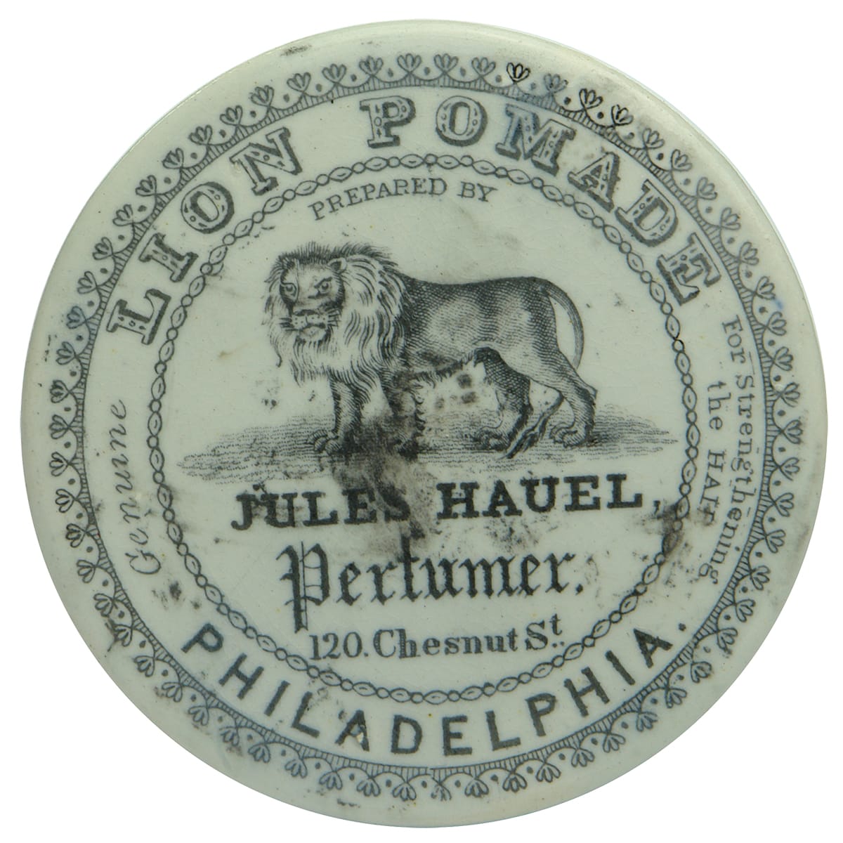 Pot Lid. Jules Hauel, Philadelphia, Lion Pomade. Black and White. (United States)