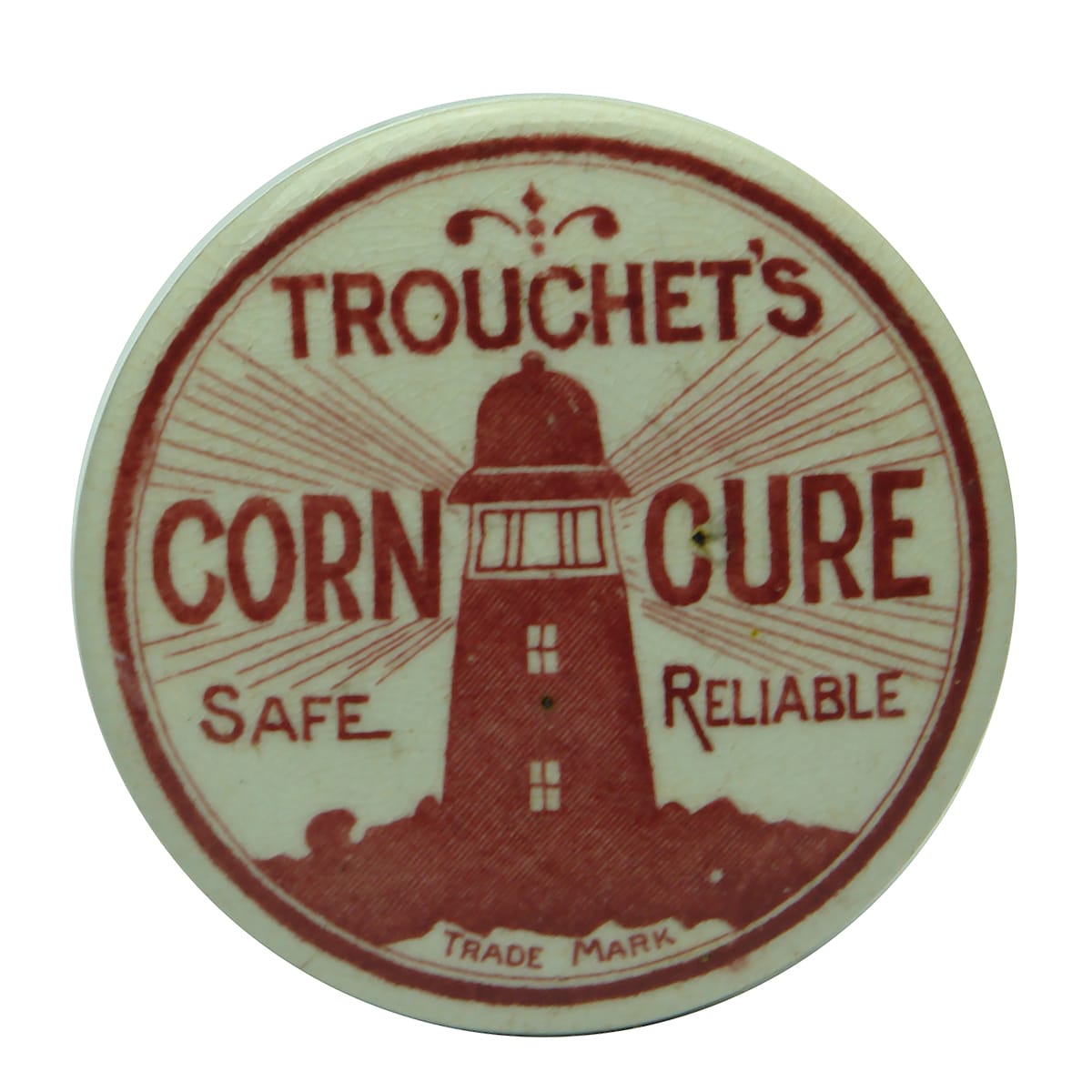 Pot Lid. Trouchet's Corn Cure. Red & White. (Western Australia)