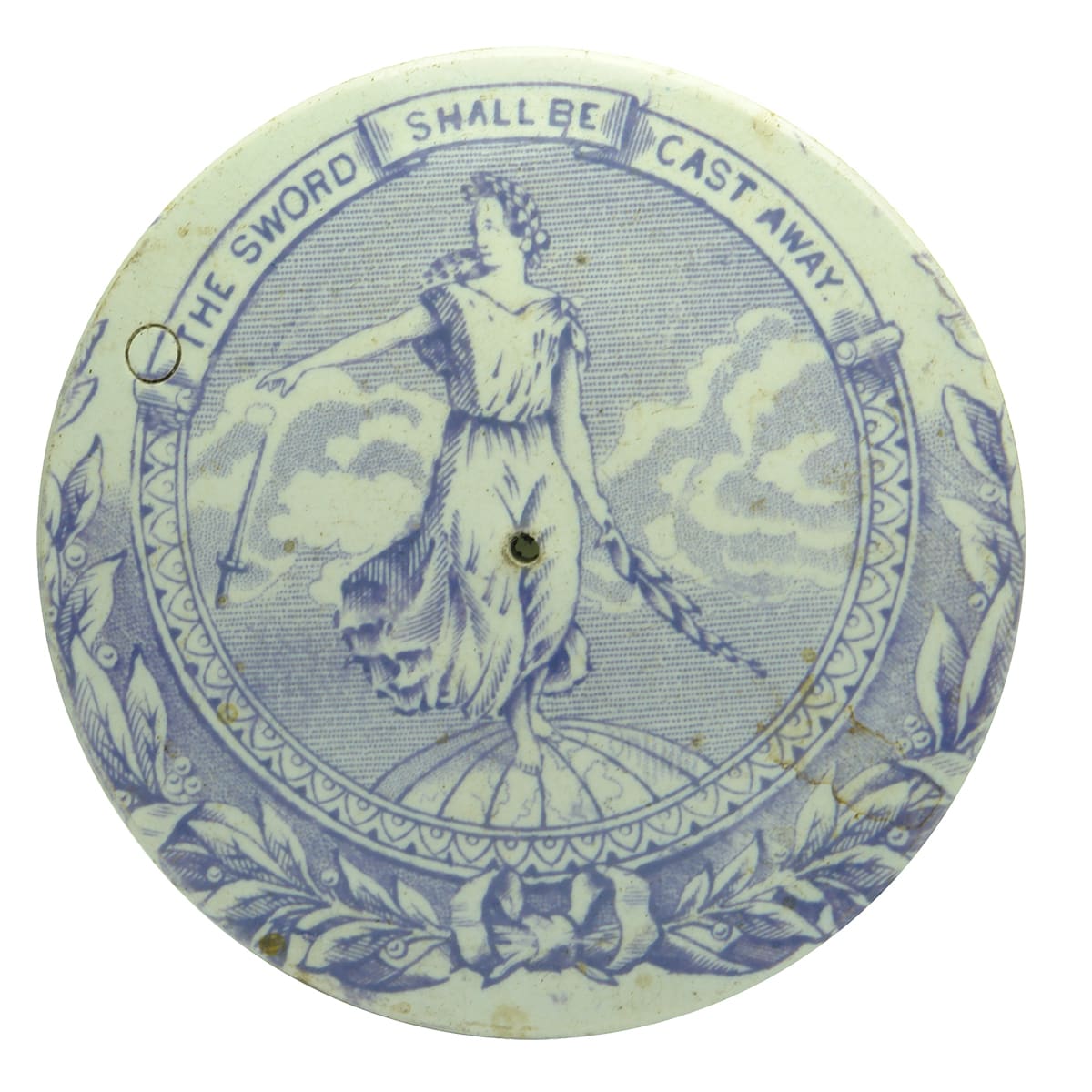 Pot Lid. The Sword Shall Be Cast Away. Purple Print.