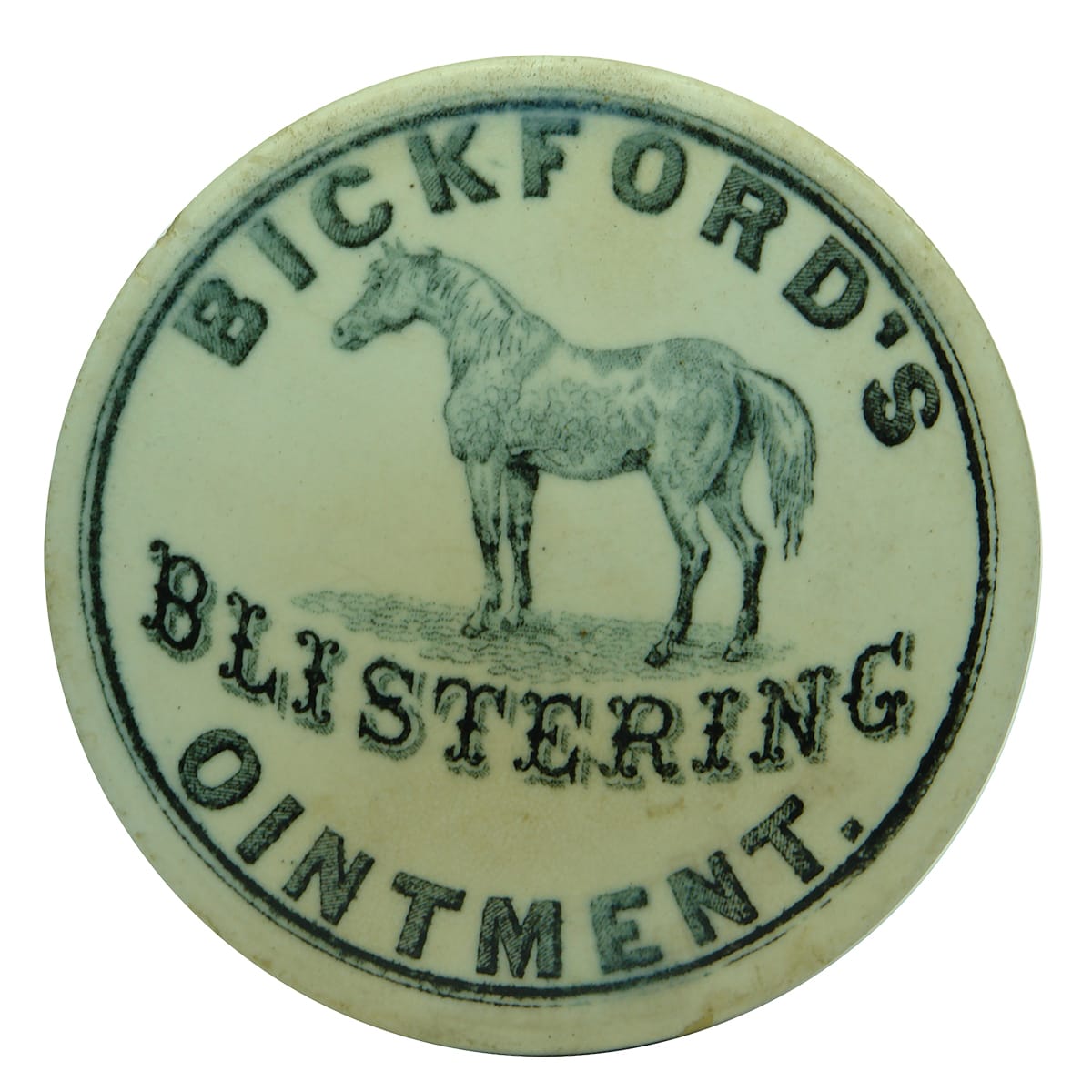 Pot Lid. Bickford's Blistering Ointment with Horse. (South Australia)