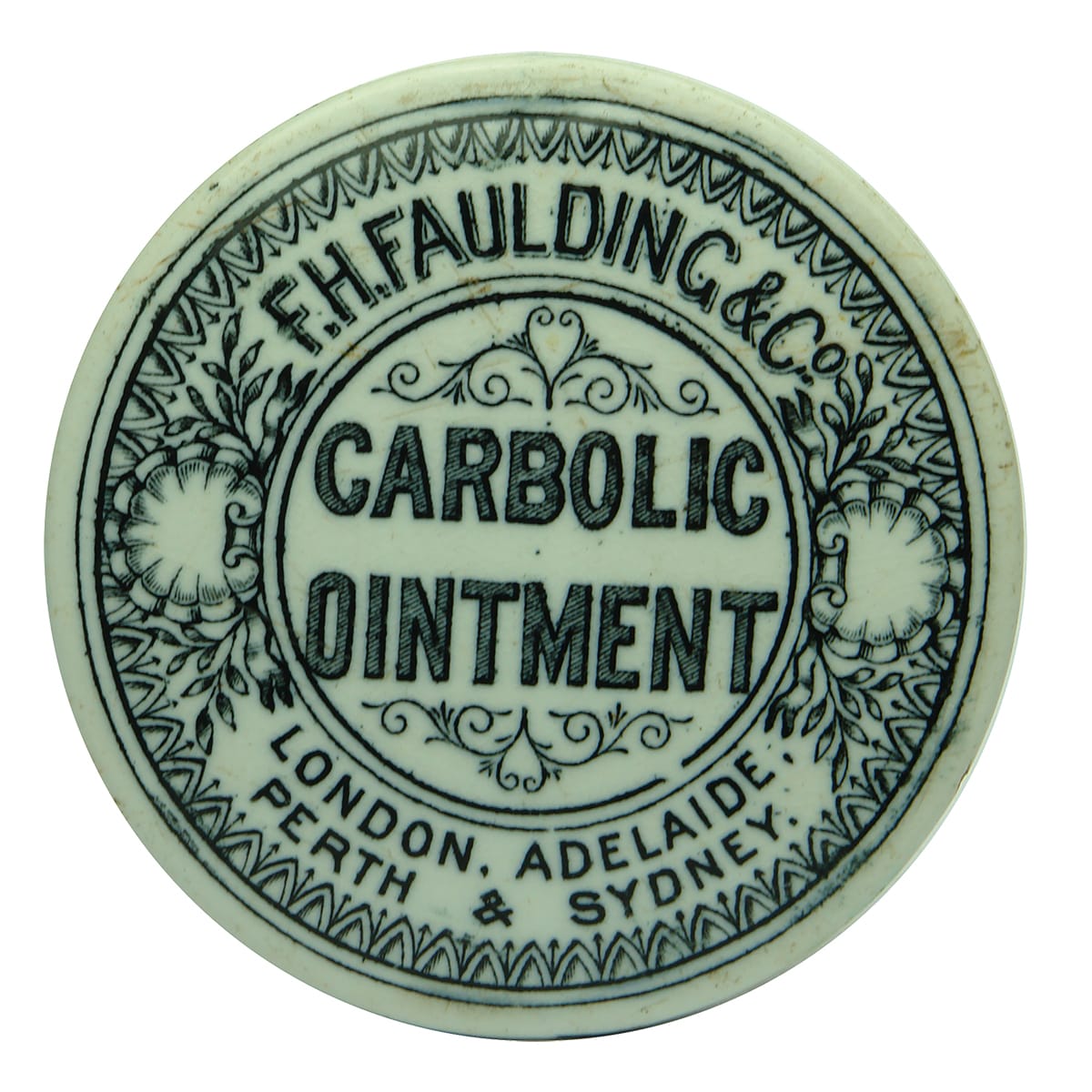 Pot Lid. F. H. Faulding & Co, London, Adelaide, Perth & Sydney, Carbolic Ointment. (United Kingdom, South Australia, West Australia, New South Wales)