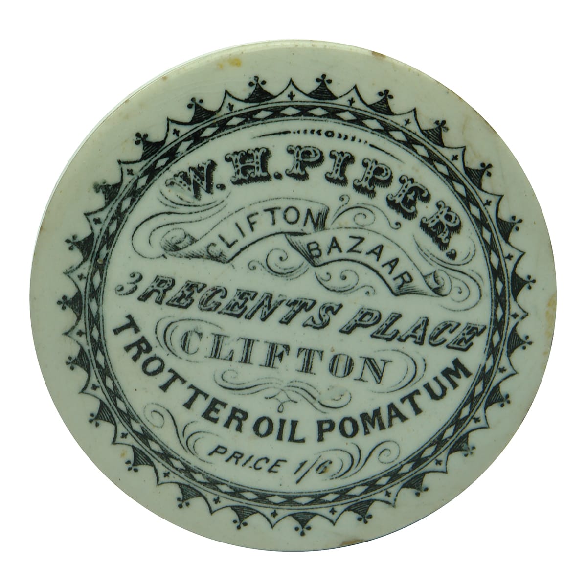 Pot Lid. W. H. Piper, Clifton Bazaar, Trotter Oil Pomatum. (United Kingdom)