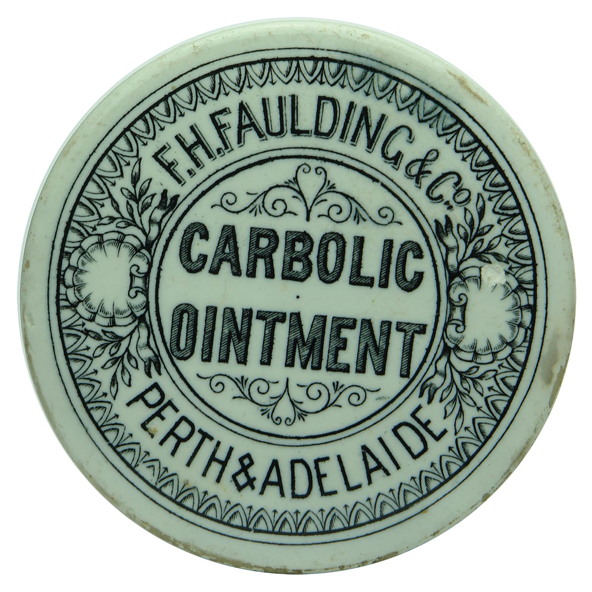 Pot Lid. F. H. Faulding & Co, Carbolic Ointment, Perth & Adelaide. (South Australia, West Australia)