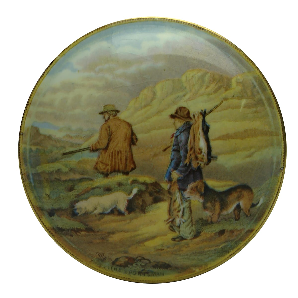 Prattware Lid: The Sportsman. Gold border and lower rim of flange.