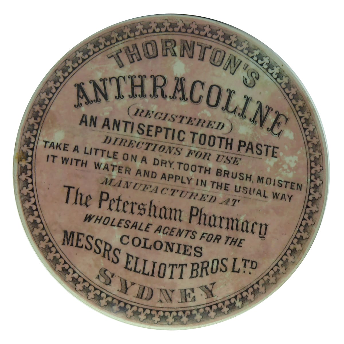 Pot Lid. Thornton's Anthracoline, Elliott Bros Ltd, Sydney. Pink Pot Lid with Black Print. (New South Wales)