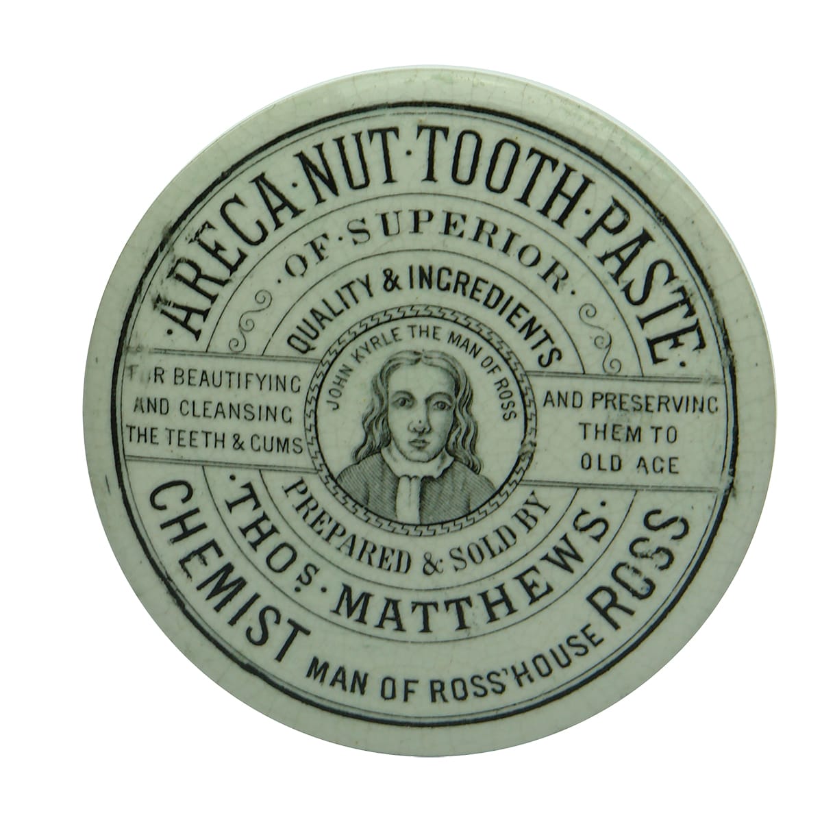 Pot Lid. Thos Matthews Areca Nut Tooth Paste, Ross. (United Kingdom)