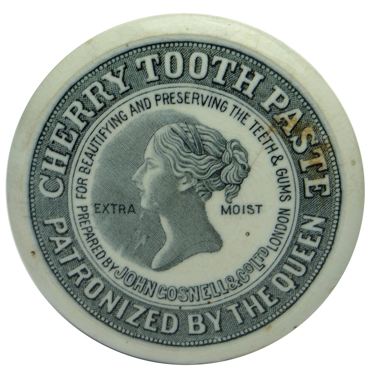 Pot Lid. Queens Head, John Gosnell & Co Ltd. Cherry Tooth Paste. Black & White.