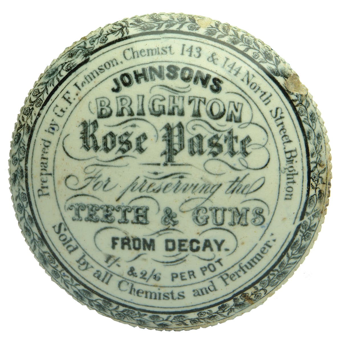 Pot Lid. Johnsons Brighton Rose Paste, Brighton. Black and White. Scalloped Rim. (United Kingdom)