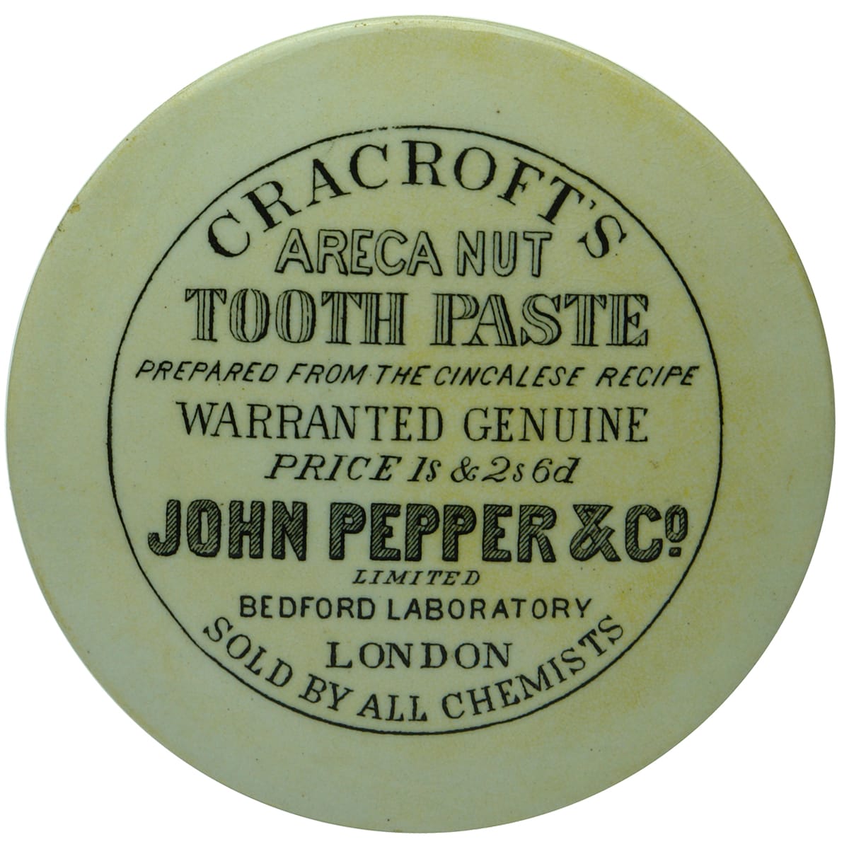 Pot Lid. Cracroft's Tooth Paste. John Pepper. Sulpholine Soap. Large size.